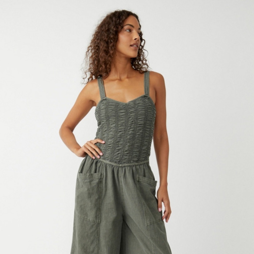 Free People Olive Green Smocked Jumpsuit - Picture 3 of 5
